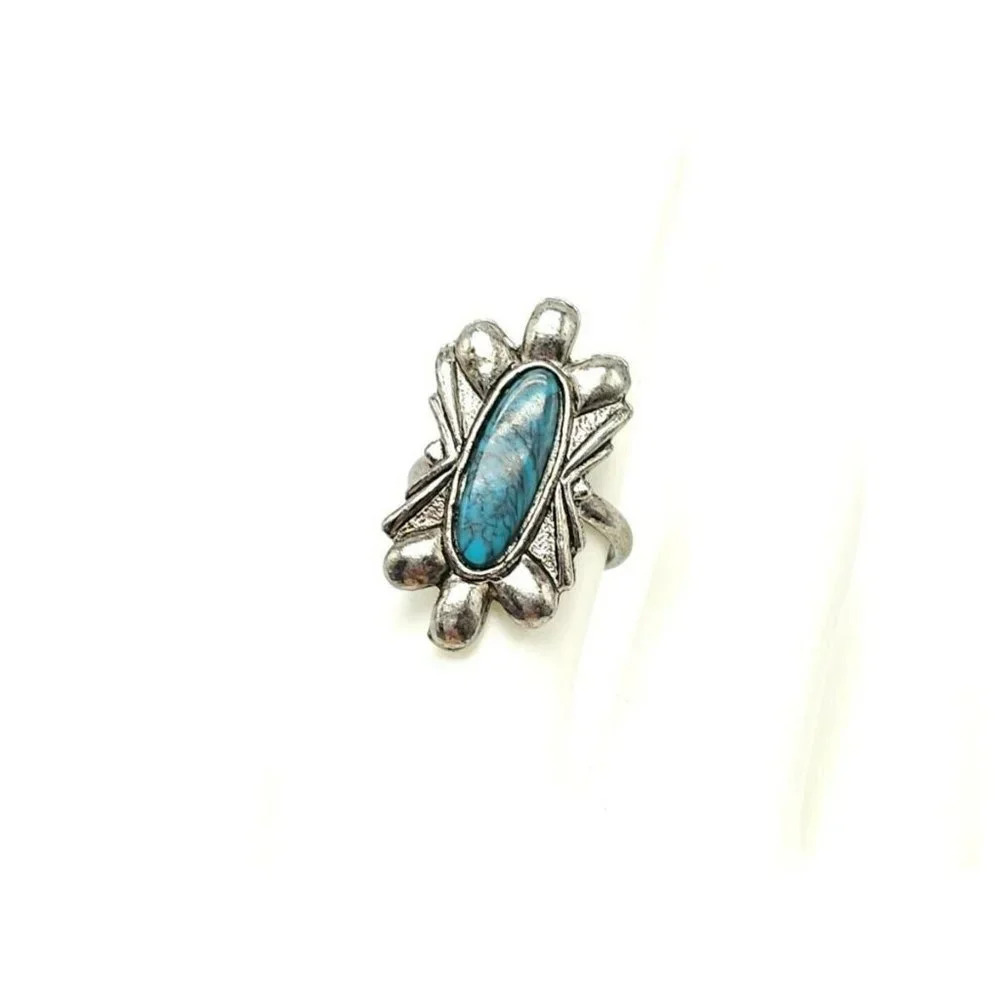 Faux Blue Turquoise Southwest Silver Tone Vintage 1970s Flower Ring Size 7.5